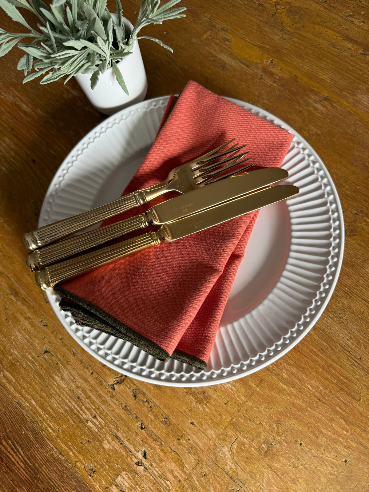 Servilleta terracota con ribete verde bosque